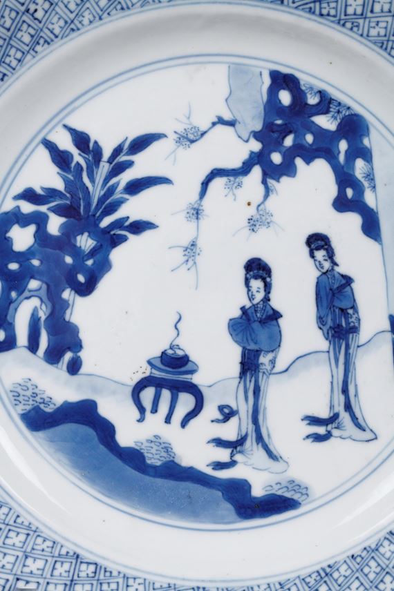 Chinese blue and white porcelain plate with two long Eliza in a garden in front of a censer | MasterArt